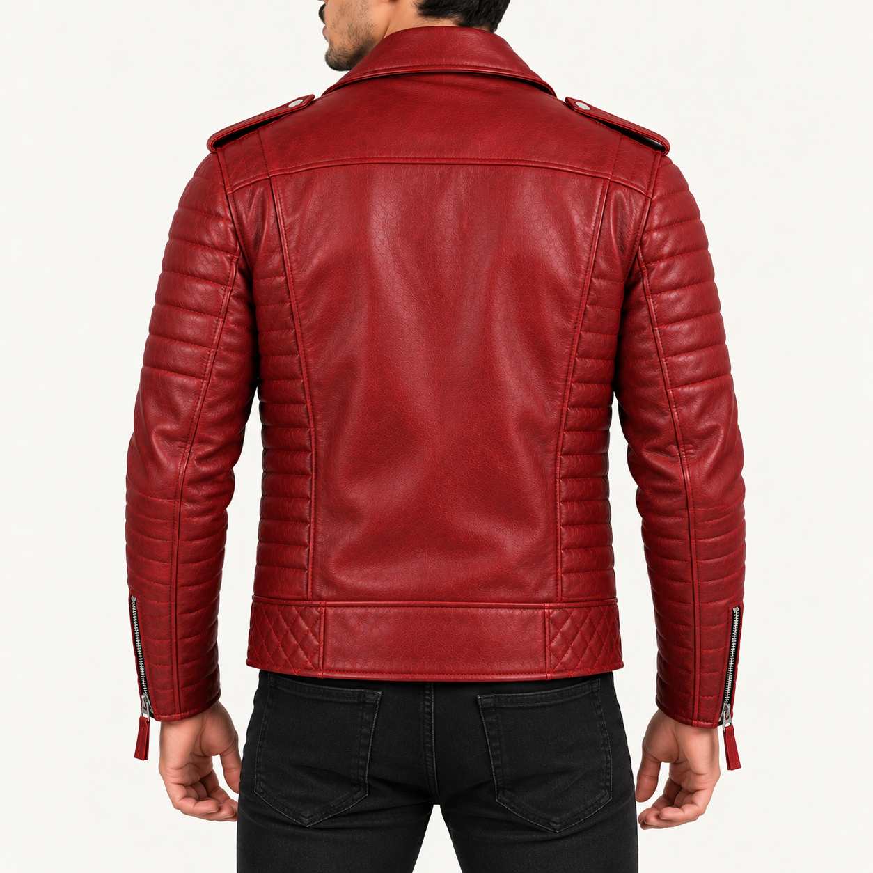 Men's Crimson Red Quilted Leather Biker Jacket – Classic Asymmetrical Motorcycle Style Gallery